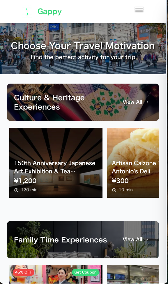 Gappy mobile app showing ramen experience booking and details